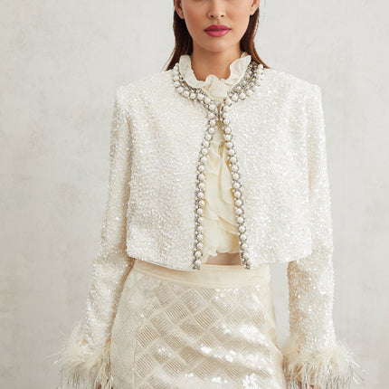 Ella White Faux Pearl Sequin Jacket