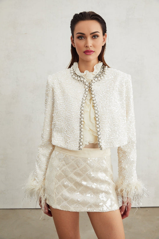 Ella White Faux Pearl Sequin Jacket