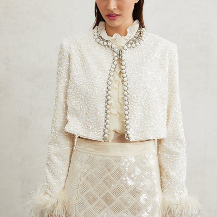 Ella White Faux Pearl Sequin Jacket for Women