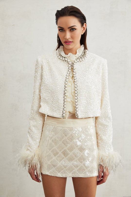Ella White Faux Pearl Sequin Jacket for Women