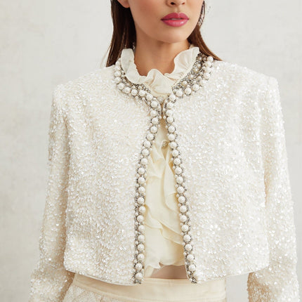 Ella White Faux Pearl Sequin Jacket