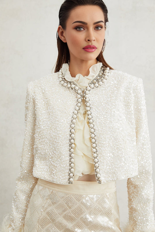 Ella White Faux Pearl Sequin Jacket