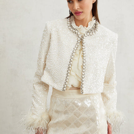 Ella White Faux Pearl Sequin Jacket
