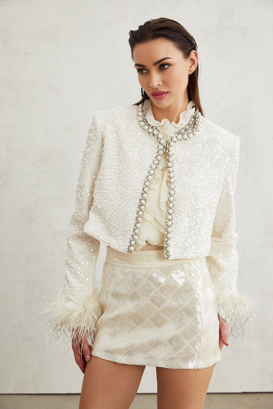 Ella White Faux Pearl Sequin Jacket
