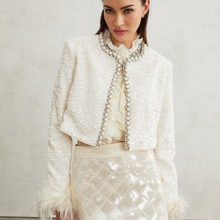 Ella White Faux Pearl Sequin Jacket