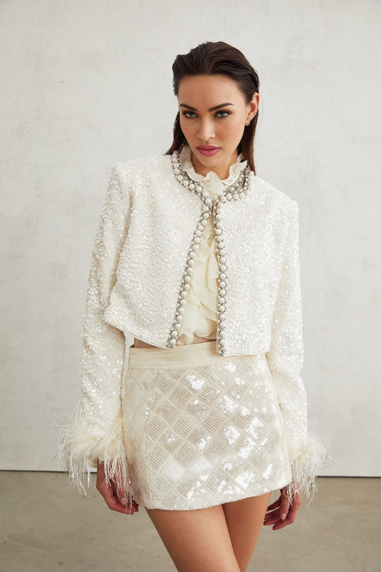 Ella White Faux Pearl Sequin Jacket