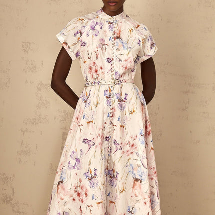 Ella White Floral Midi Dress with Button Detailing