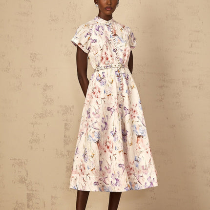 Ella White Floral Midi Dress with Button Detailing
