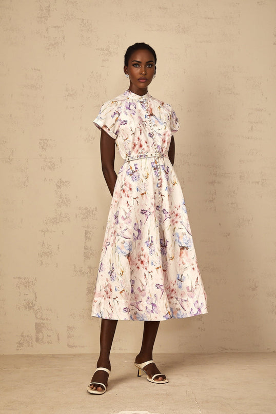 Ella White Floral Midi Dress with Button Detailing