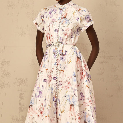 Ella White Floral Midi Dress with Button Detailing