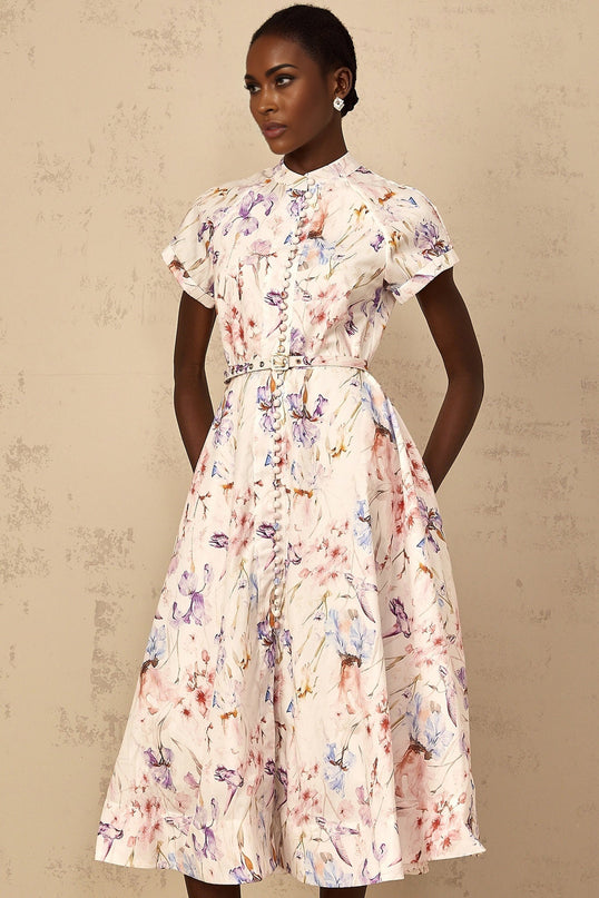 Ella White Floral Midi Dress with Button Detailing