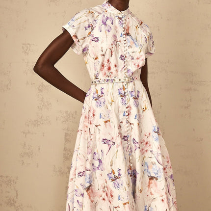 Ella White Floral Midi Dress with Button Detailing
