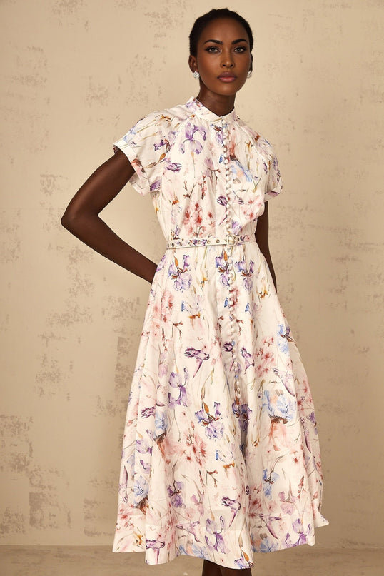Ella White Floral Midi Dress with Button Detailing