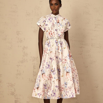 Ella White Floral Midi Dress with Button Detailing