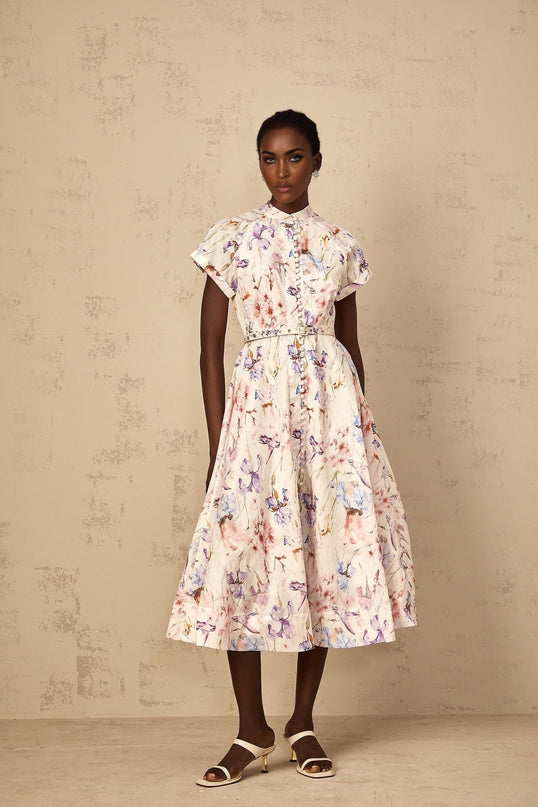 Ella White Floral Midi Dress with Button Detailing