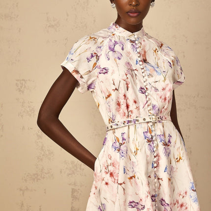 Ella White Floral Print Midi Dress with Button Detailing