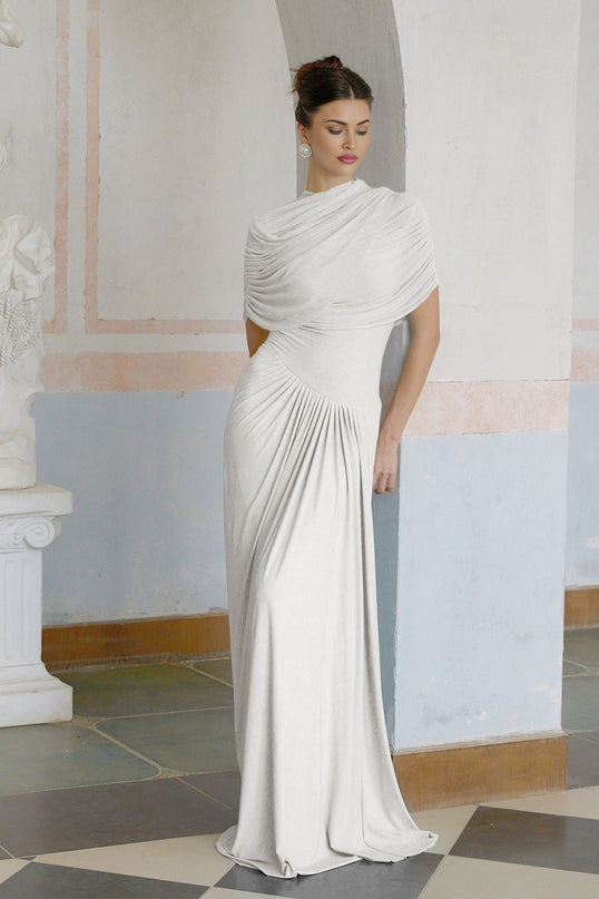 Ella White Maxi Dress with Shawl Detail and Pleated Elements