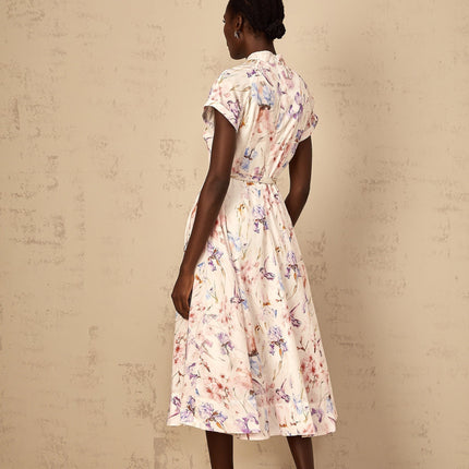 Ella White Multicolor Floral Midi Dress with Button Detailing and Waist Belt