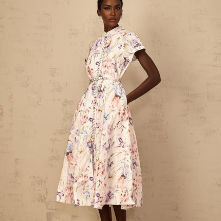Ella White Multicolor Floral Midi Dress with Button Detailing and Waist Belt