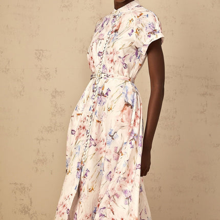 Ella White Multicolor Floral Midi Dress with Button Detailing and Waist Belt