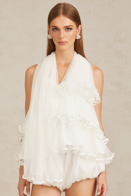 Ella White Ruffled Tulle Top  Shorts Coord Set