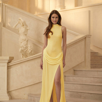 Ella Yellow Maxi Dress with Turtleneck Design and Front Slit