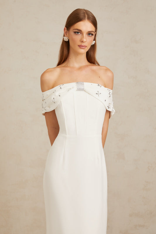 Elli White OffShoulder Embellished Midi Dress