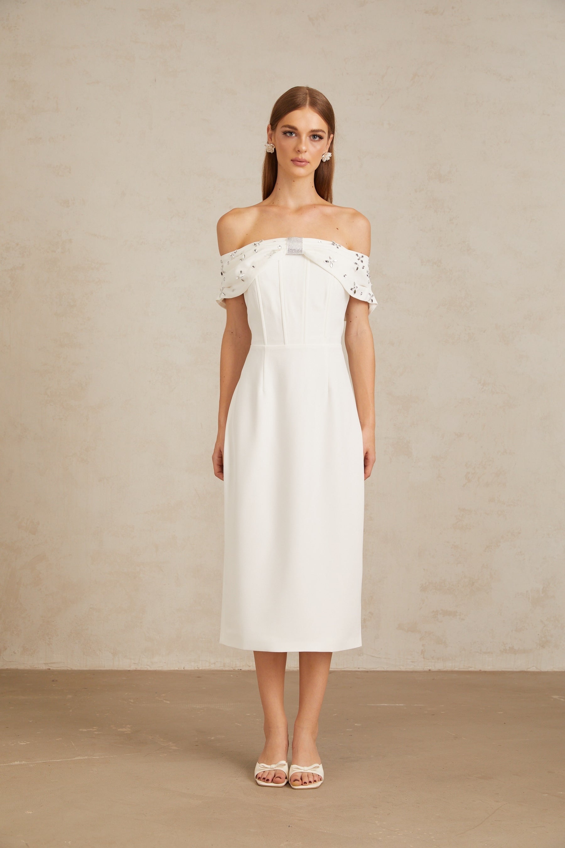 Elli White OffShoulder Embellished Midi Dress