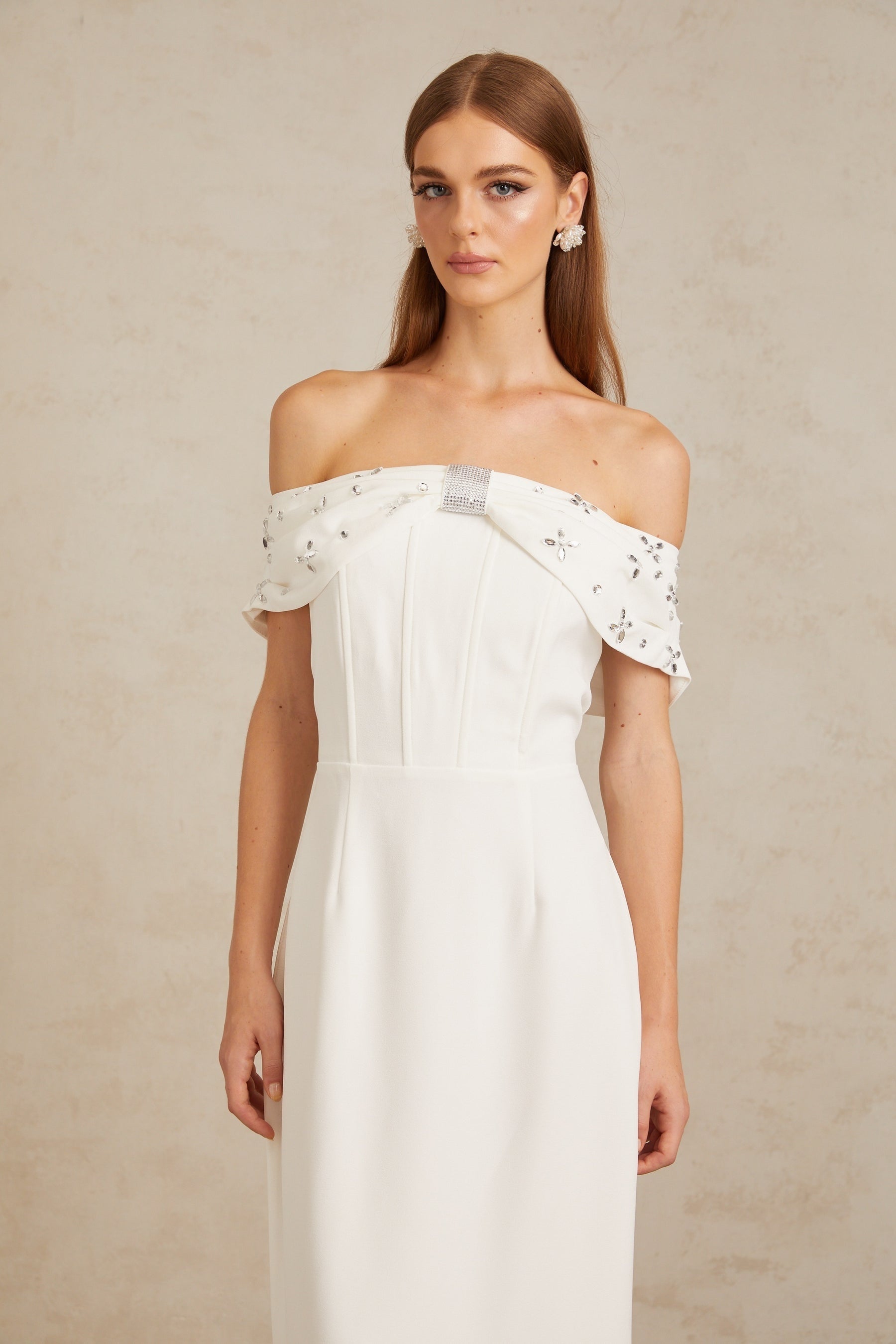 Elli White OffShoulder Embellished Midi Dress