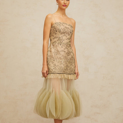 Ellie Green Embroidered Midi Dress Tulle Ruffles Spaghetti Straps Cinched Waist Pleated Detailing Rear Zip Fastening