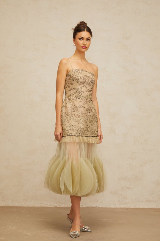 Ellie Green Embroidered Midi Dress Tulle Ruffles Spaghetti Straps Cinched Waist Pleated Detailing Rear Zip Fastening