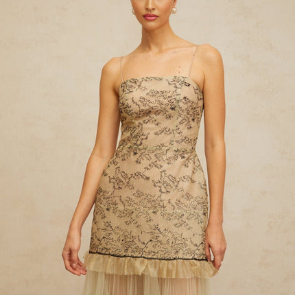 Ellie Green Embroidered Midi Dress with Tulle Ruffles and Spaghetti Straps