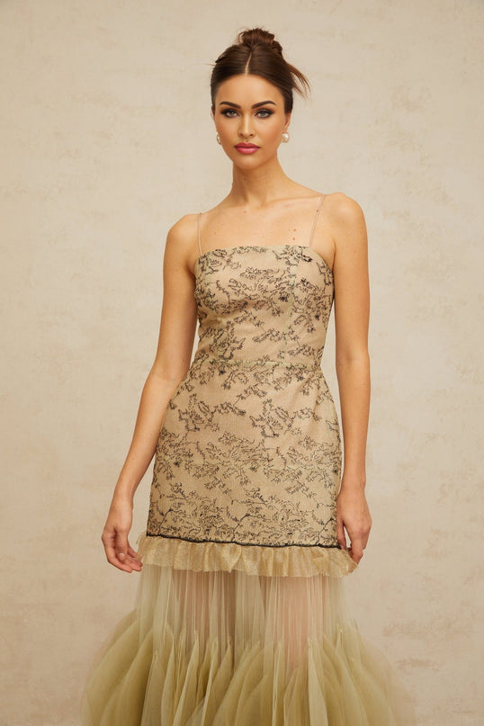 Ellie Green Embroidered Midi Dress with Tulle Ruffles and Spaghetti Straps