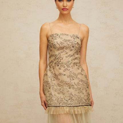 Ellie Green Embroidered Panel Tulle Ruffle Midi Dress