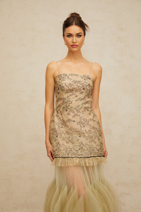 Ellie Green Embroidered Panel Tulle Ruffle Midi Dress