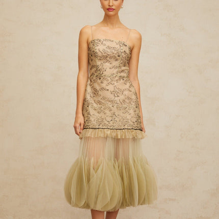 Ellie Green Embroidered Panels Tulle Ruffles Midi Dress