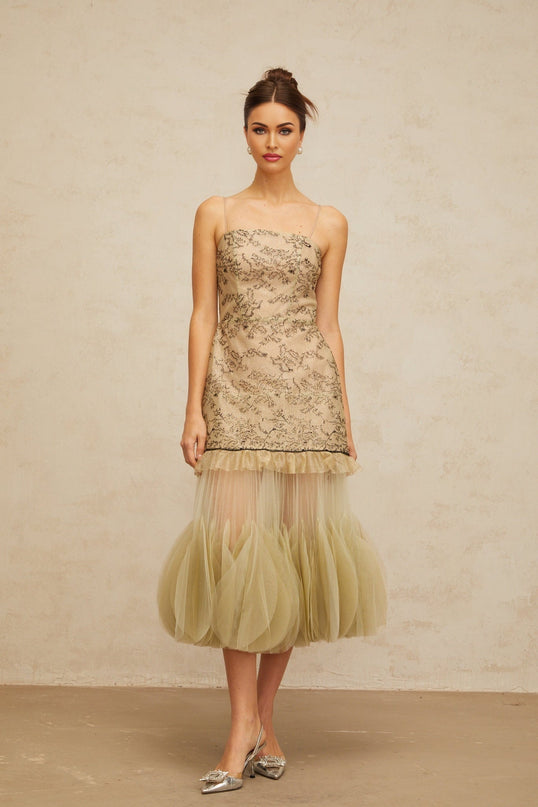 Ellie Green Embroidered Panels Tulle Ruffles Midi Dress