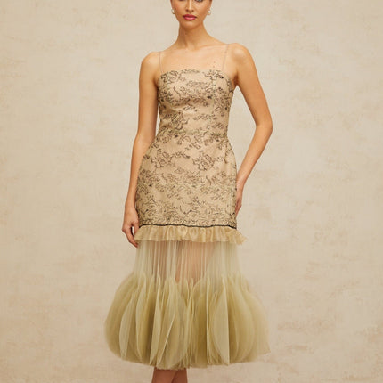 Ellie Green Embroidered Tulle Ruffle Midi Dress
