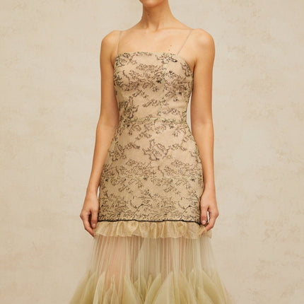 Ellie Green Embroidered Midi Dress Tulle Ruffles Spaghetti Straps Cinched Waist