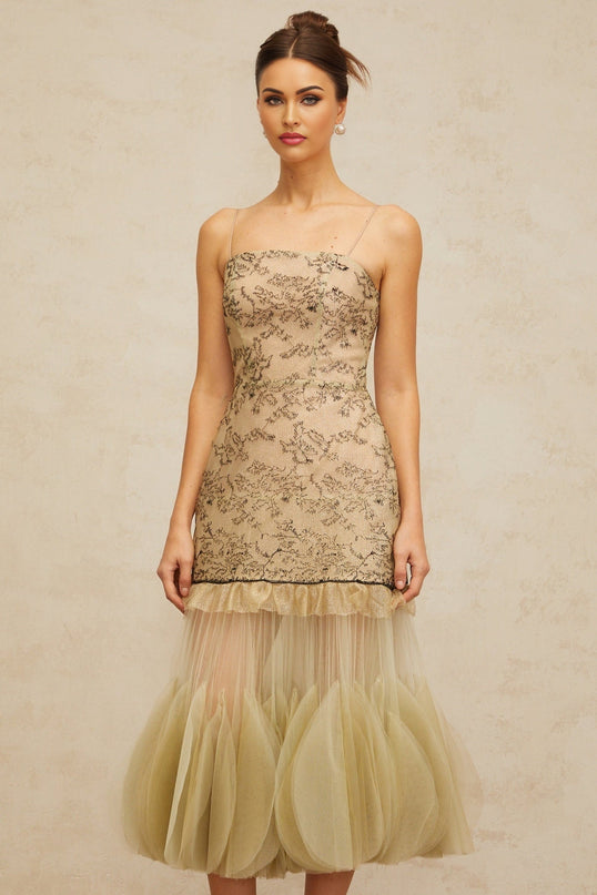Ellie Green Embroidered Midi Dress Tulle Ruffles Spaghetti Straps Cinched Waist