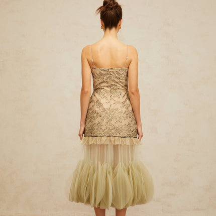 Ellie Green Embroidered Panels Tulle Ruffles Midi Dress