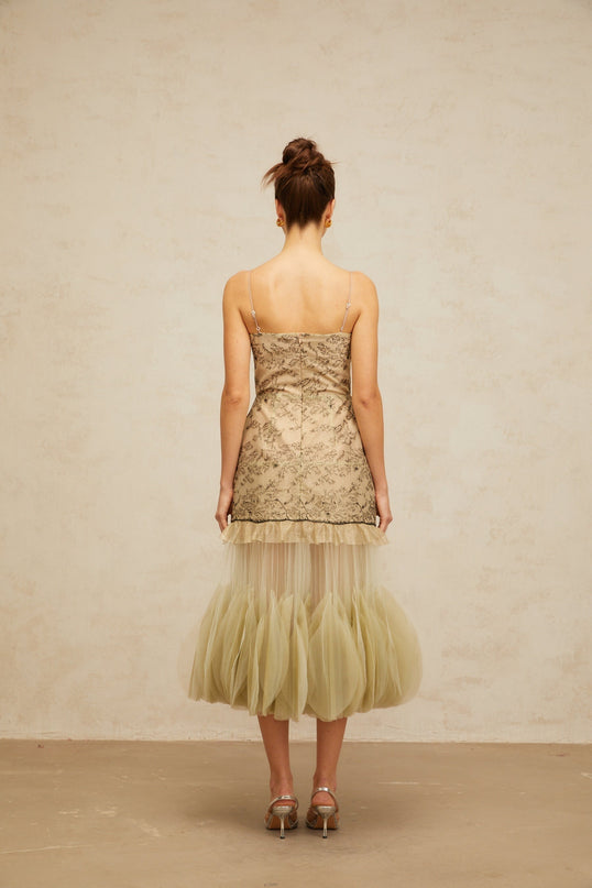 Ellie Green Embroidered Panels Tulle Ruffles Midi Dress