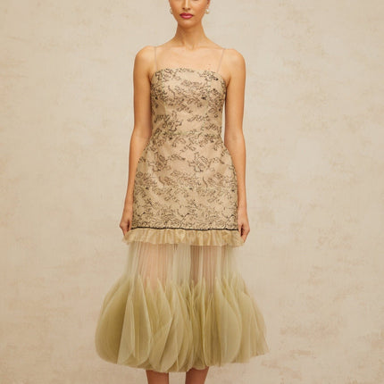 Ellie Green Embroidered Midi Dress Tulle Ruffles Spaghetti Straps Cinched Waist Pleated Detailing Rear Zip Fastening Luxury Terylene Fiber