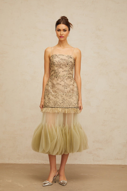 Ellie Green Embroidered Midi Dress Tulle Ruffles Spaghetti Straps Cinched Waist Pleated Detailing Rear Zip Fastening Luxury Terylene Fiber