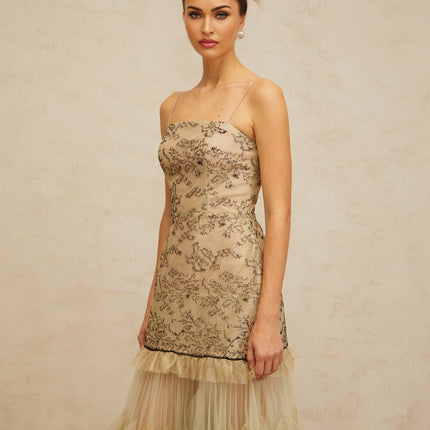 Ellie Green Embroidered Midi Dress Tulle Ruffles Spaghetti Straps Cinched Waist Pleated Detailing Rear Zip Fastening