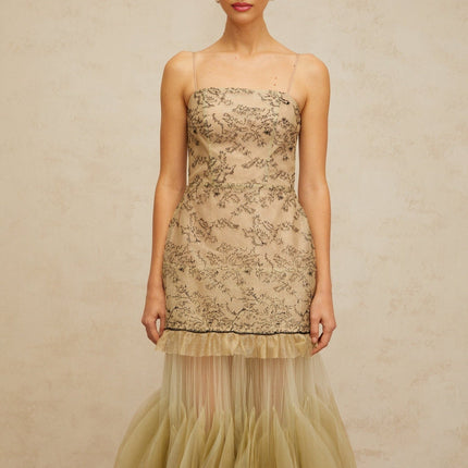 Ellie Green Embroidered Panel Tulle Ruffle Midi Dress