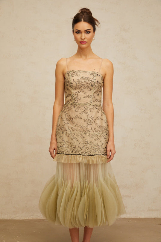 Ellie Green Embroidered Panel Tulle Ruffle Midi Dress