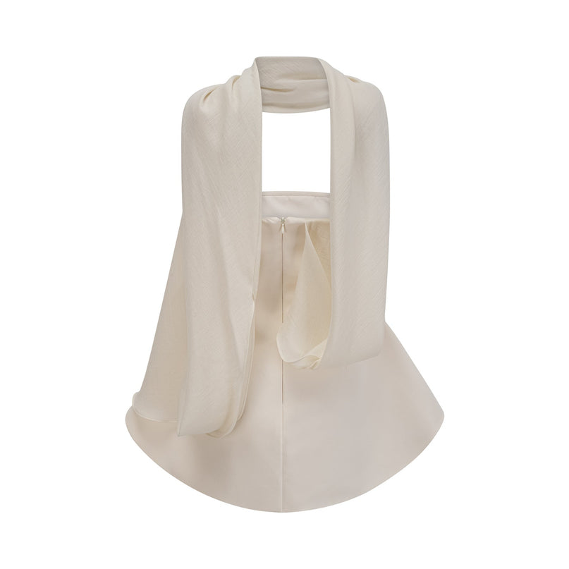 Ellie Neutrals Off-the-Shoulder Mini Dress Sleeveless Cinched Waist Ribbon Design Flared Skirt Rear Zip Fastening Terylene Fiber