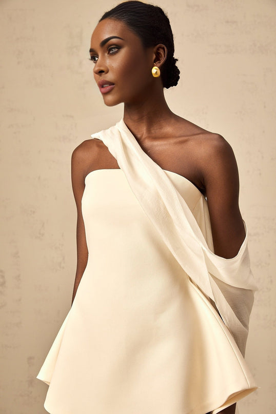 Ellie Neutrals Off-the-Shoulder Mini Dress with Cinched Waist and Ribbon Design