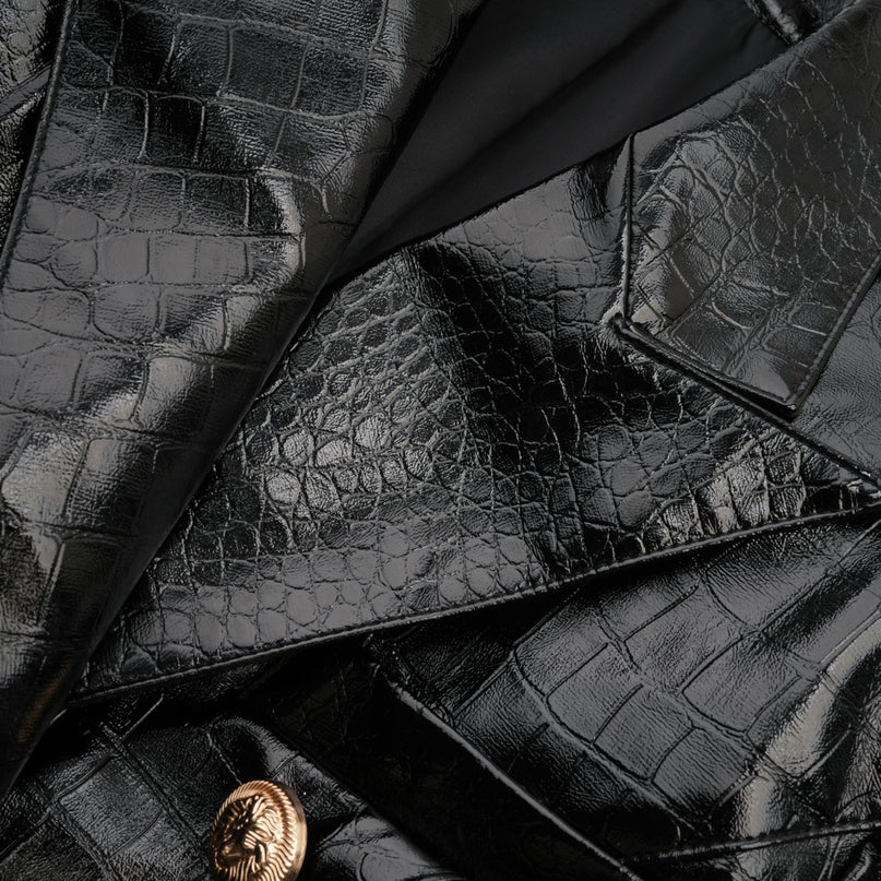 Élodie black leather jacket with cinched waist on white background